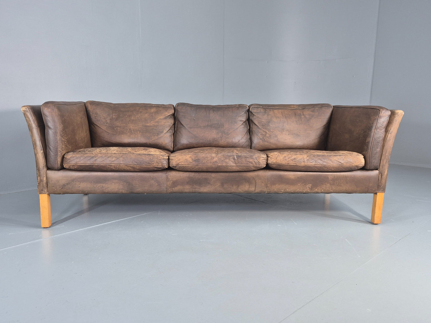 Vintage Danish 3 Seater Sofa 1970s Brown Leather Patinated Retro MCM EB12412