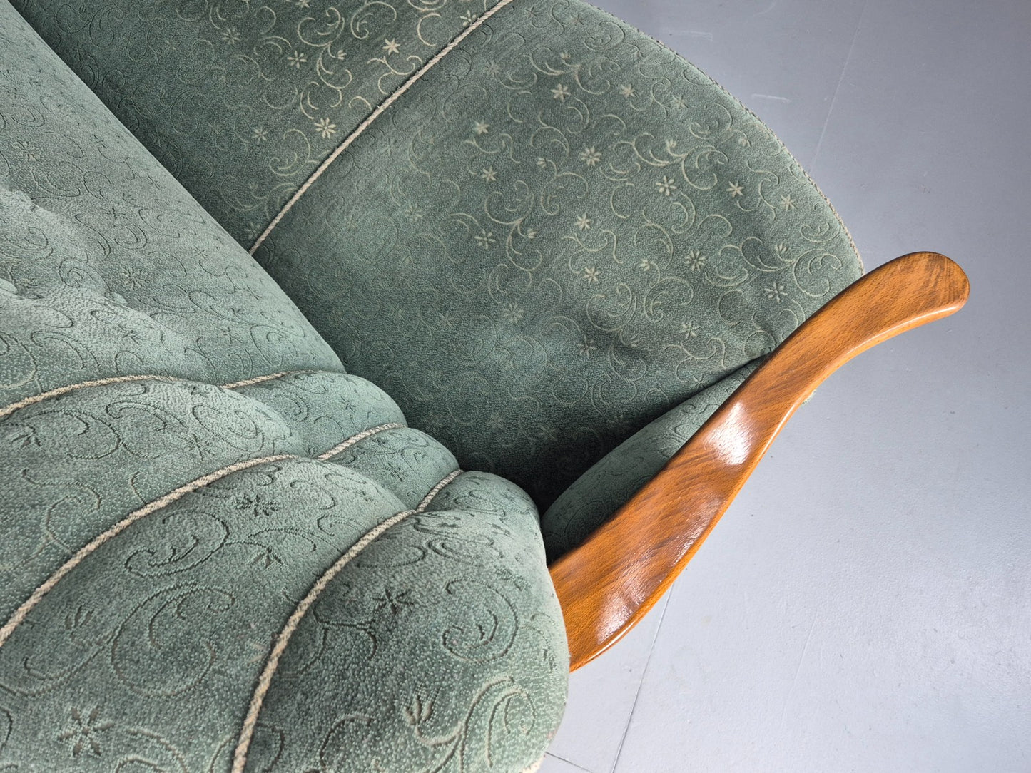 Danish 1950s 3 seater Sofa Shell Back Green Moquette Curved Front EB12768
