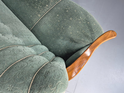 Danish 1950s 3 seater Sofa Shell Back Green Moquette Curved Front EB12768