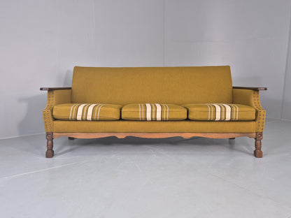 Vintage Danish 3 Seater Sofa 1970s Kjaernulf Style Green Oak Frame Retro EB12724