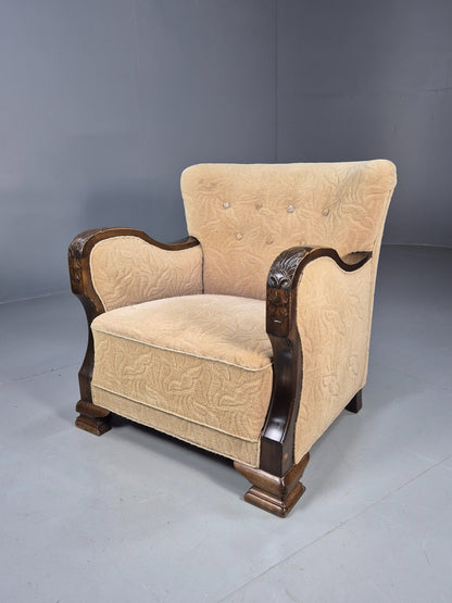 Antique Danish Art Deco Armchair Cream Moquette Beech Frame 1920s EB02887