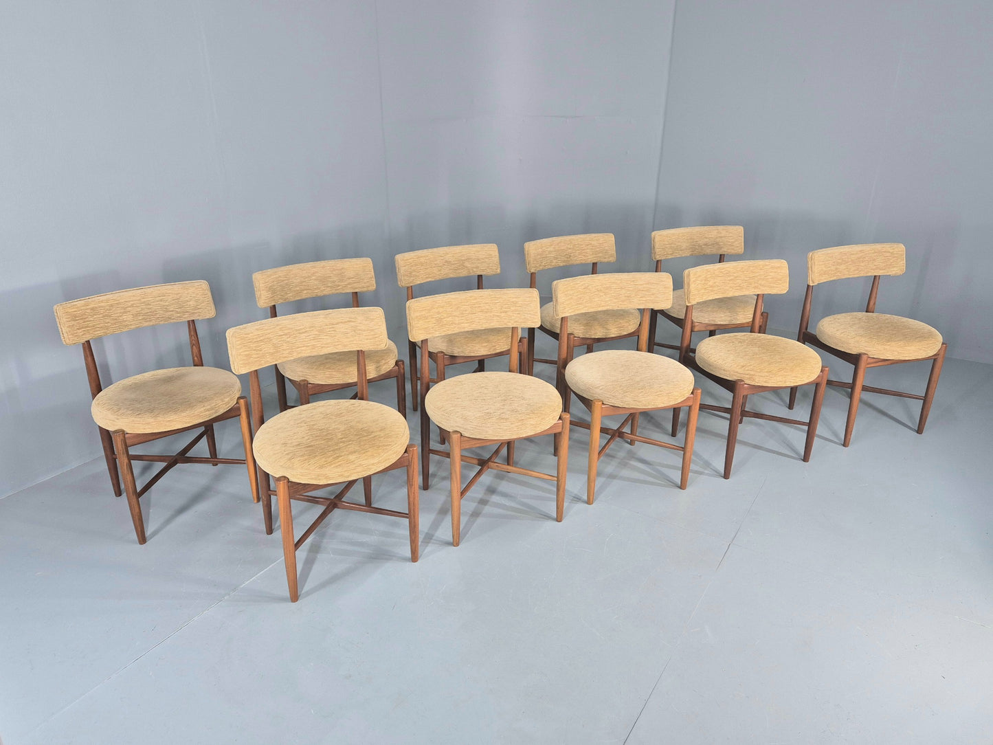 10 Vintage G Plan Dining Chairs Circle Seat Model Teak Frames Chenille EB12027