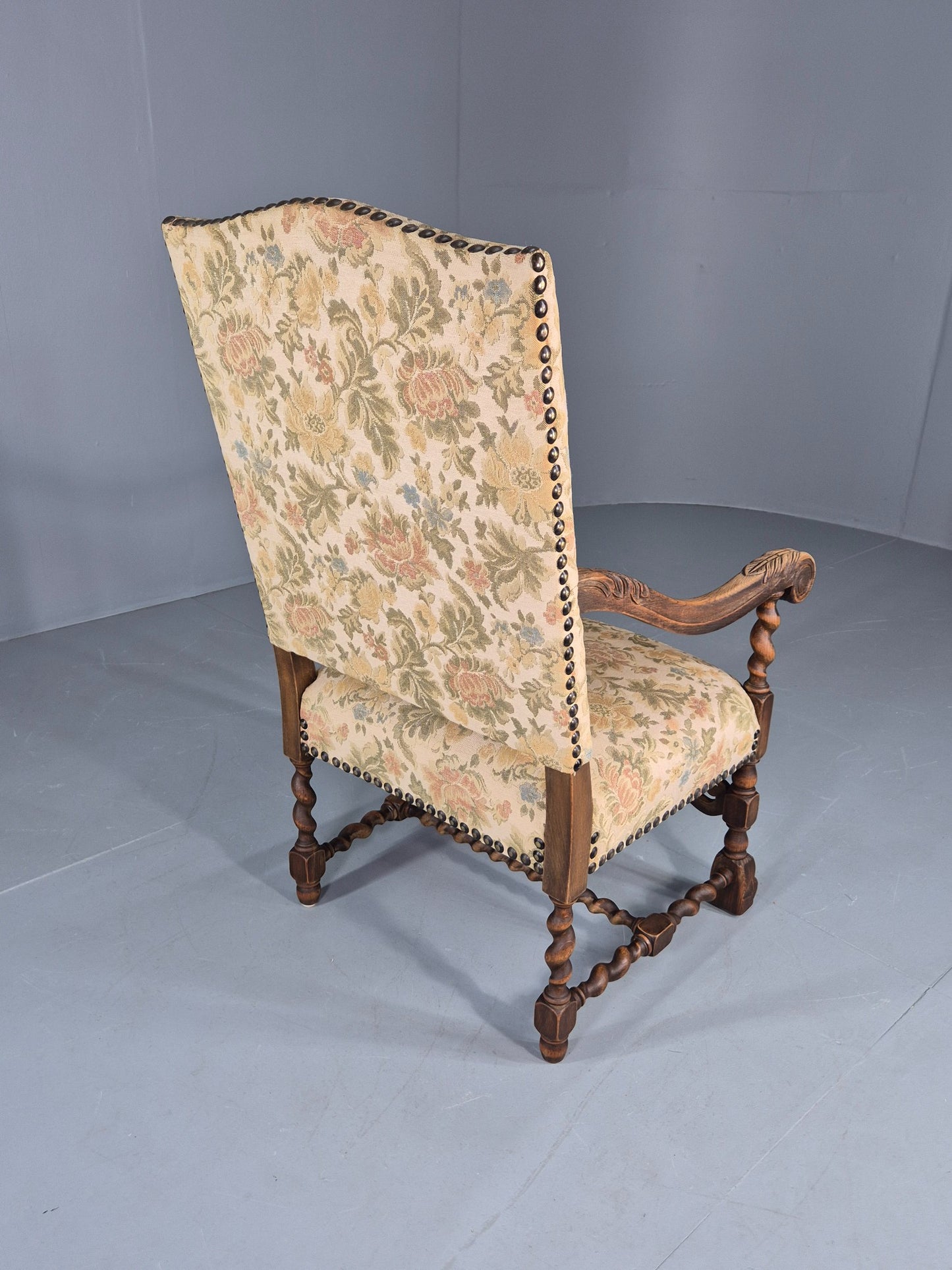 Vintage Baroque Style Armchair Carved Oak Frame 1950s Danish Antique EB12700