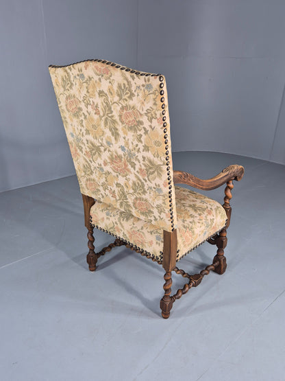 Vintage Baroque Style Armchair Carved Oak Frame 1950s Danish Antique EB12700