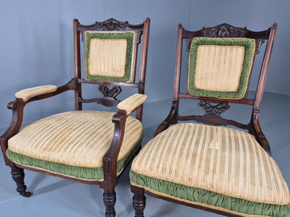 2 Antique Mahogany Saloon Chairs Green and Cream Upholstery Edwardian EB12792