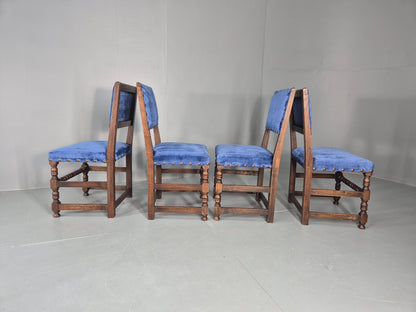 Antique Louis XIII Style Oak Dining Chairs Blue Velour Upholstery EB12795
