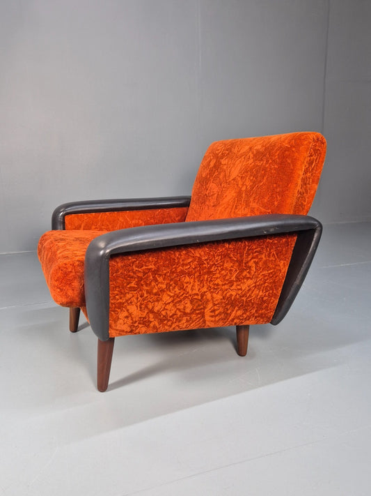 Vintage 1960s Lounge Chair Vinyl Orange Velour 1960s Retro MCM EB10569a MNOR