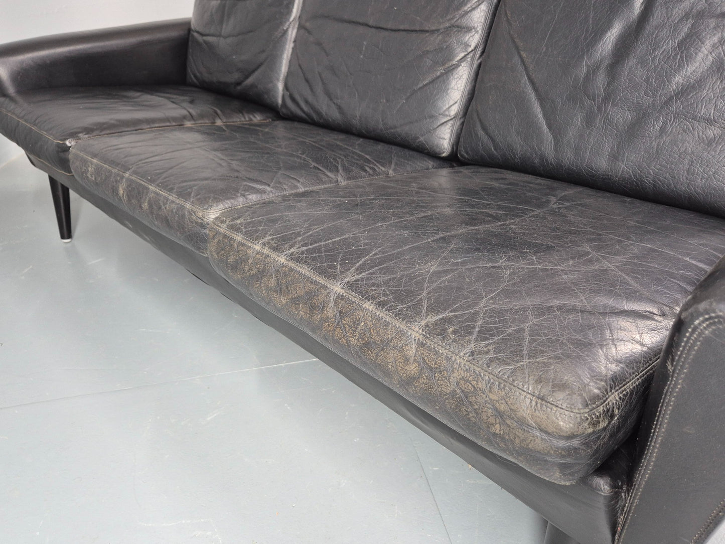 Mid Century 3 Seater Sofa Danish 1960s Black Leather Retro Modern Design EB11355