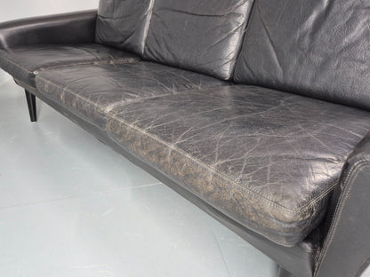 Mid Century 3 Seater Sofa Danish 1960s Black Leather Retro Modern Design EB11355