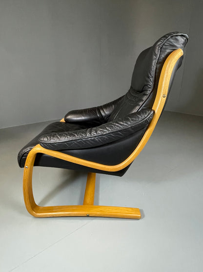 Vintage 70s Retro Lounge Chair Danish Black Leather Bentwood MCM EB06223
