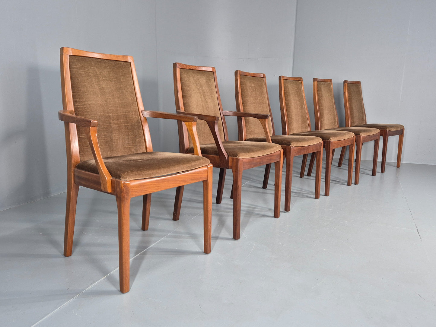 6 Vintage 1970s Nathan Dining Chairs Brown Velour Teak Retro MCM EB11921