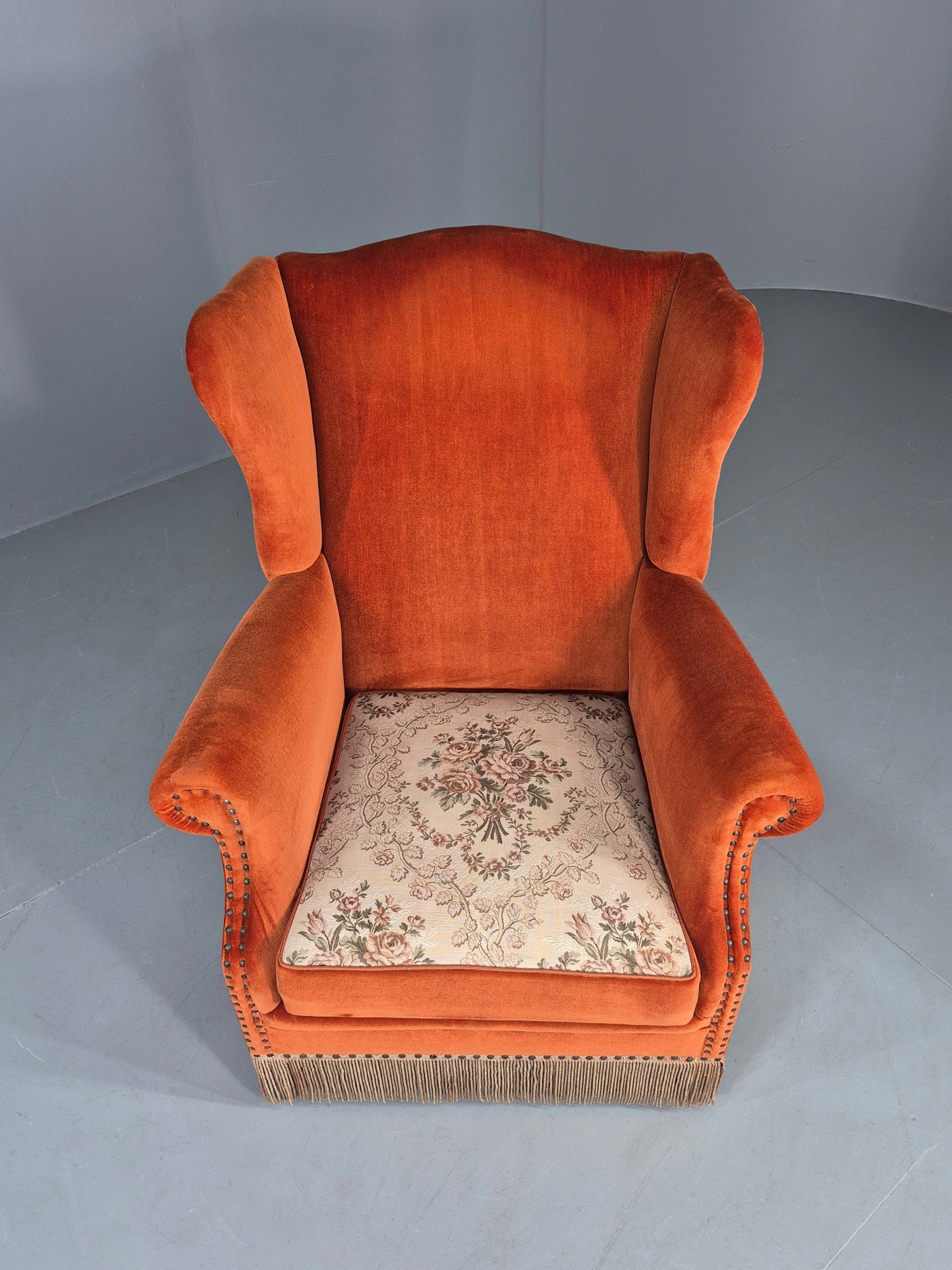 Vintage Wing Back Lounge Chair Danish 20th Century Orange Cream Tassels  EB12707