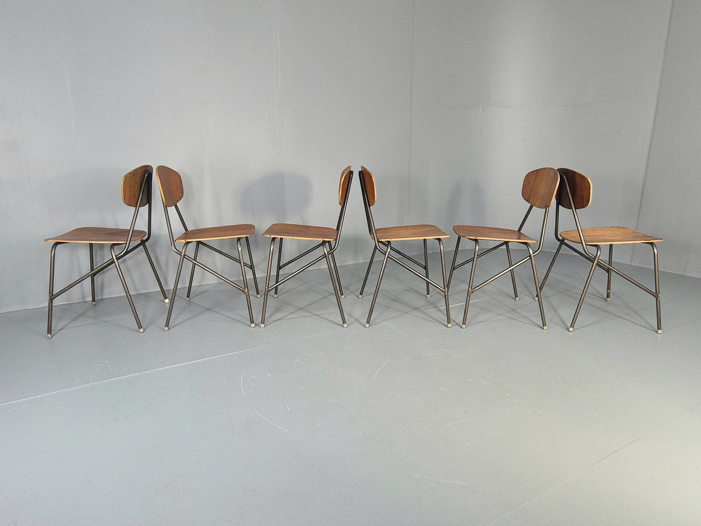 6 Vintage Danish Stacking Chair Industrial Steel and Teak Ply Retro MCM  EB12475