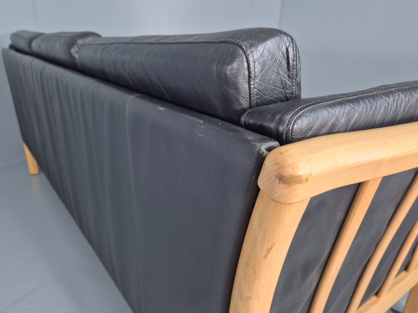 Vintage 3 Seater Sofa Danish Black Leather Mid Century Design Retro EB11925 M3SS