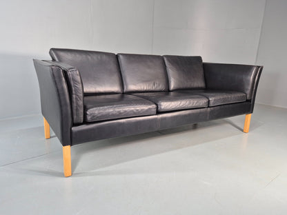 Vintage 3 seater sofa Danish Black Leather and Vinyl 1980s Retro EB11642