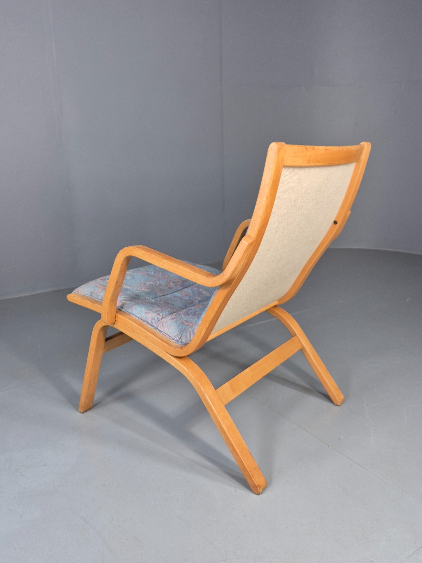 Vintage Mid Century Danish Bentwood Chair Blue Abstract 1980s Retro EB12107