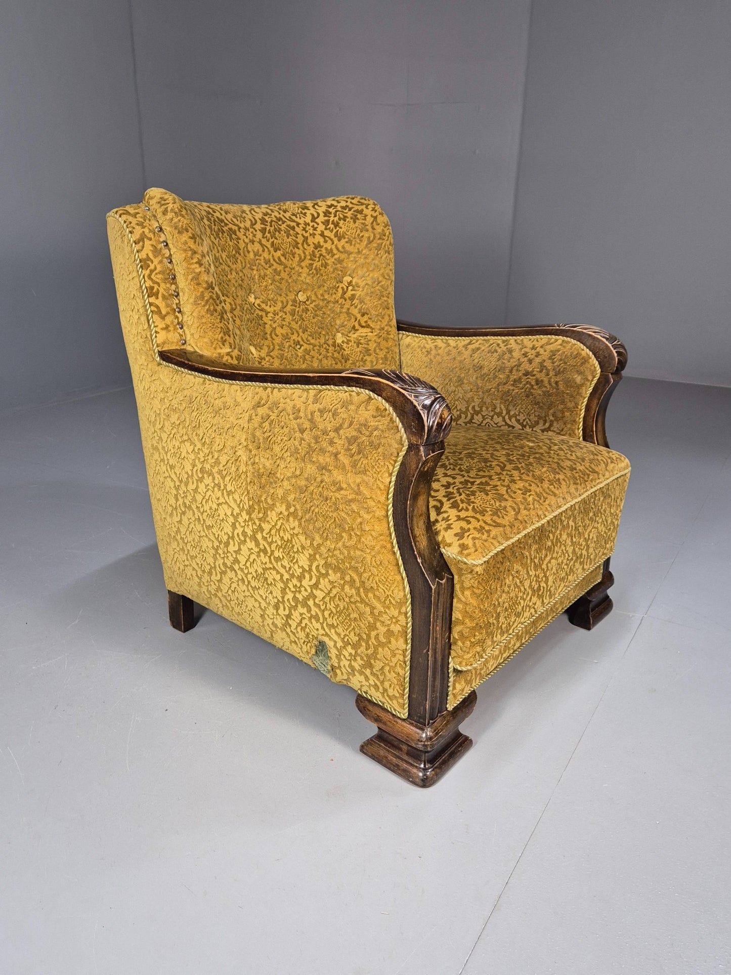 Antique Danish floral Mustard Colour Armchair 1920s Wood Frame EB08975
