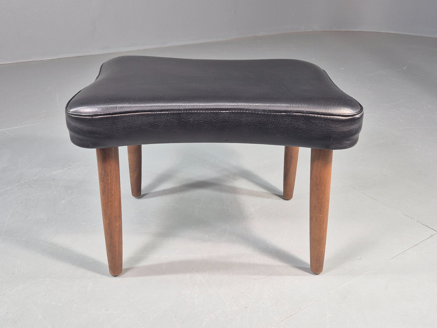 Vintage Danish Mid Century Footstool Black Vinyl Teak Legs 1960s Retro EB12153