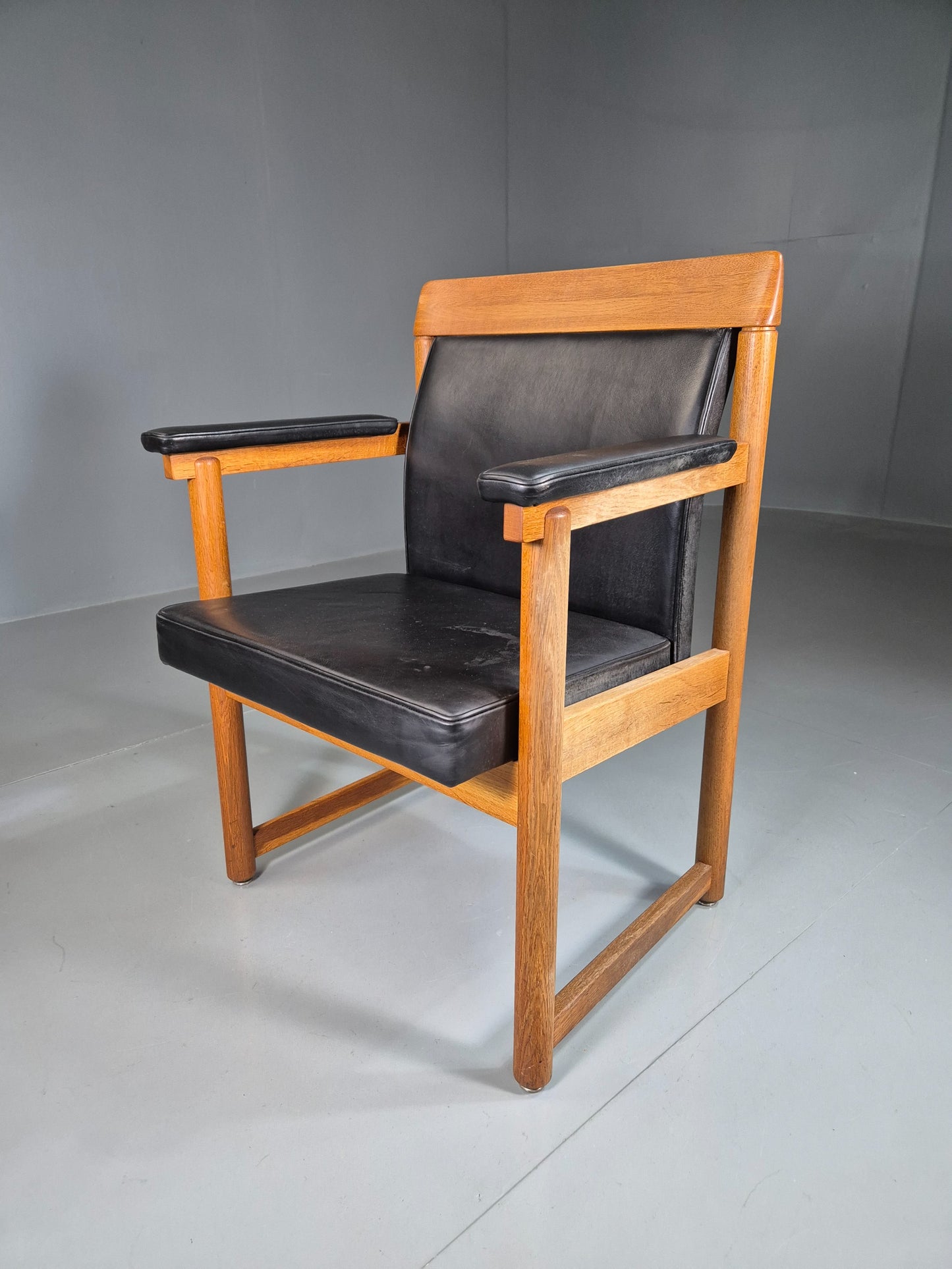 Vintage Mid Century Elbow Desk Chair Swedish 1960s Black Leather Retro EB07001
