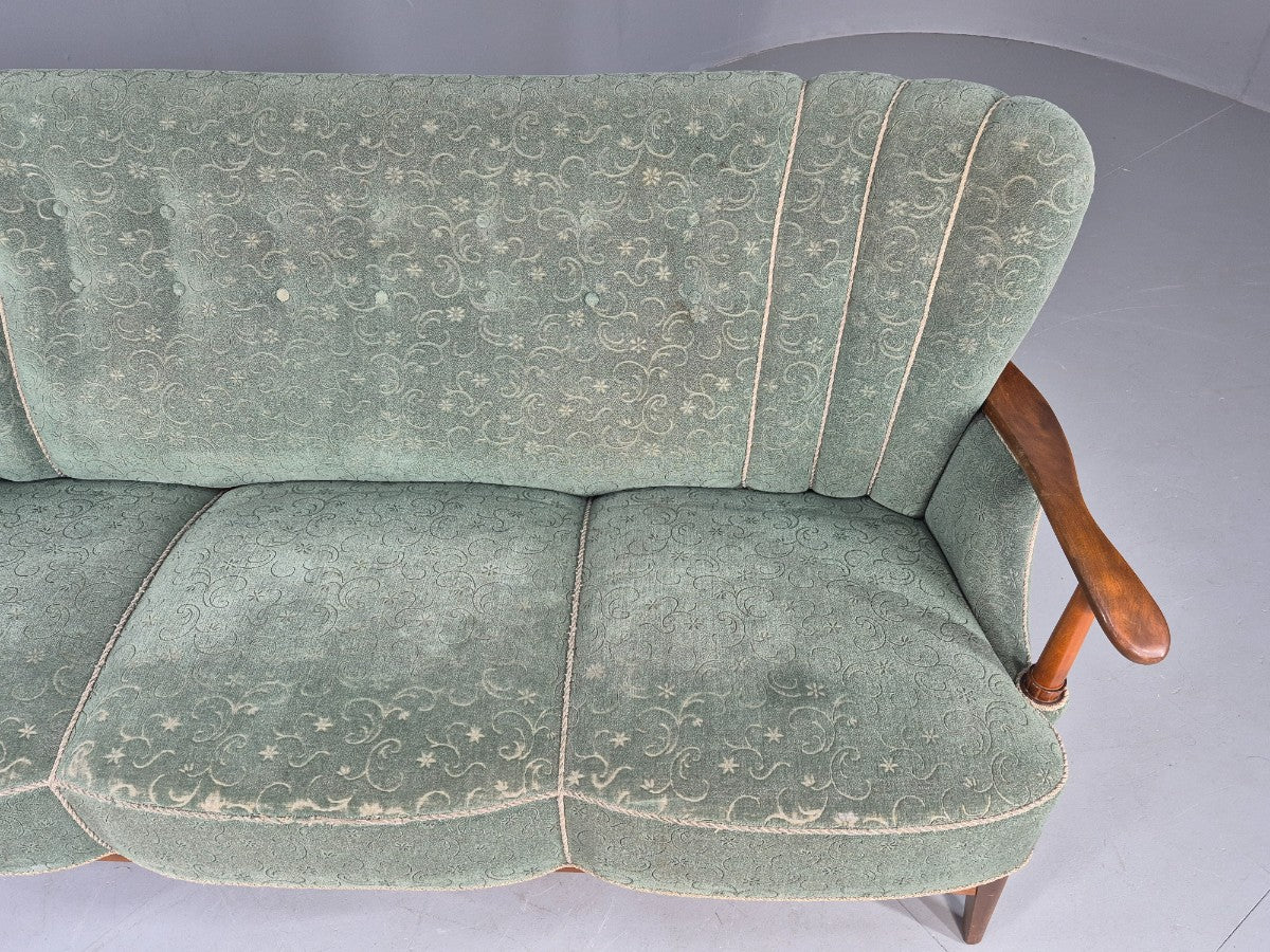 Danish 1950s 3 seater Sofa Shell Back Green Moquette Curved Front EB12768