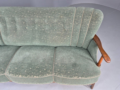 Danish 1950s 3 seater Sofa Shell Back Green Moquette Curved Front EB12768