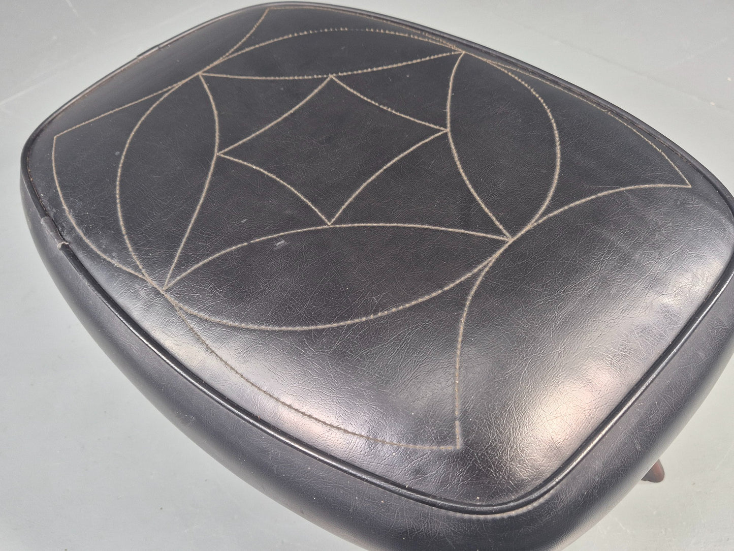 Vintage Danish Mid Century Footstool Black Vinyl Teak Legs 1960s Retro EB12048