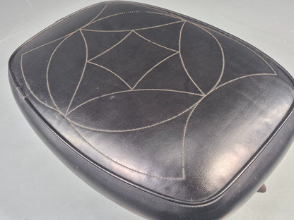 Vintage Danish Mid Century Footstool Black Vinyl Teak Legs 1960s Retro EB12048