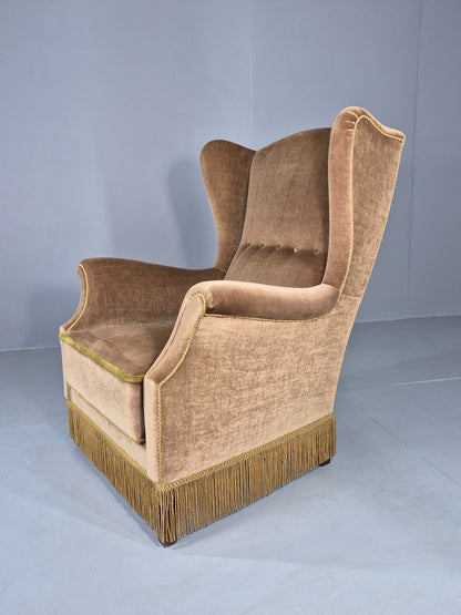 Vintage Wingback Lounge Chair Danish 20th Century Green Velvet Velour EB12706