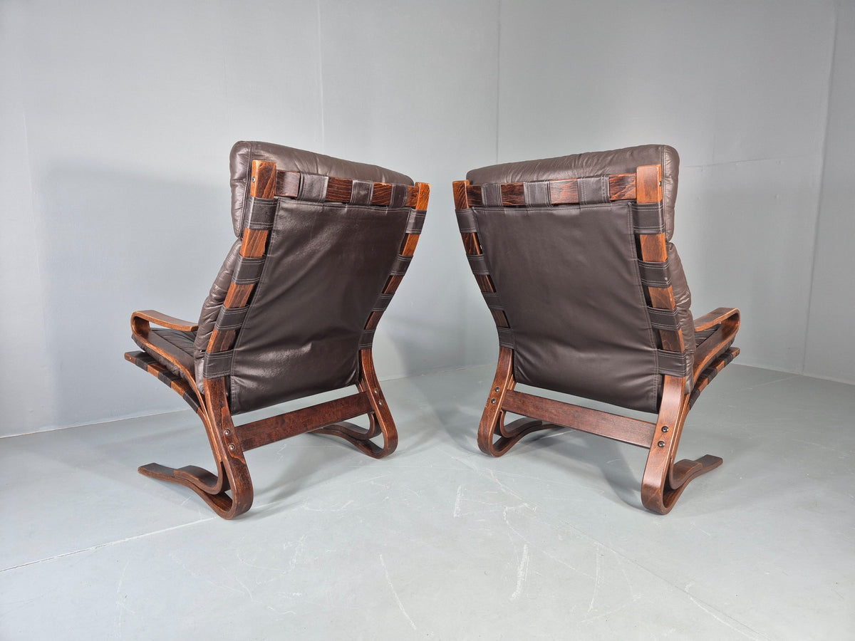2 Vintage Skyline Leather Lounge Chairs High Back Bentwood Frame Retro EB13085