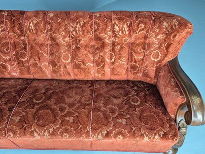 Vintage 3 Seat Sofa Danish Art Deco Era Carved Oak Frame Moquette Cloth EB12751