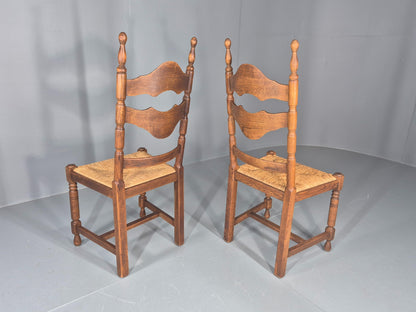 Vintage Spanish Style Country Chairs Rush Seated Oak Frames EB11951