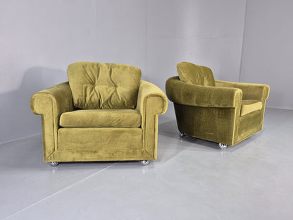 2 Vintage 1970s Lounge Chairs Danish Design Green Velvet Velour Retro EB12640