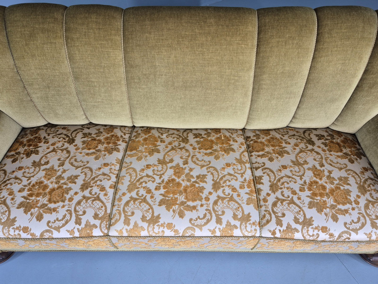 Vintage Danish 3 Seater Sofa 1940s Craved Oak Frame Shell Back Art Deco 12836