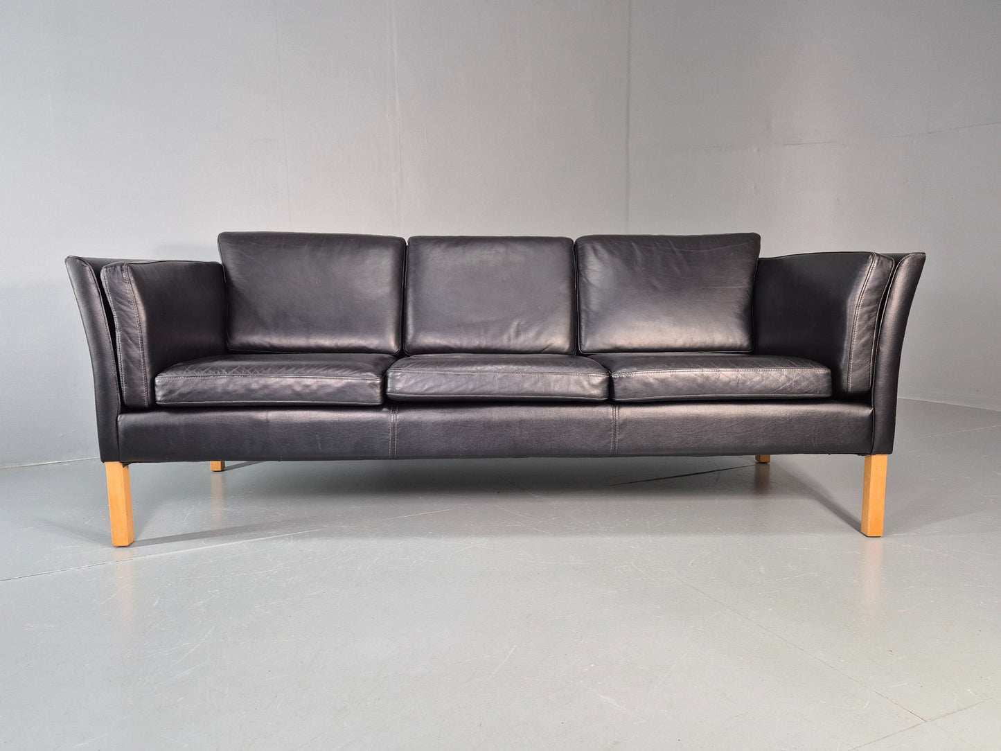 Vintage 3 seater sofa Danish Black Leather and Vinyl 1980s Retro EB11642