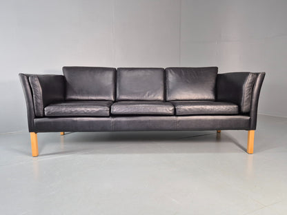 Vintage 3 seater sofa Danish Black Leather and Vinyl 1980s Retro EB11642
