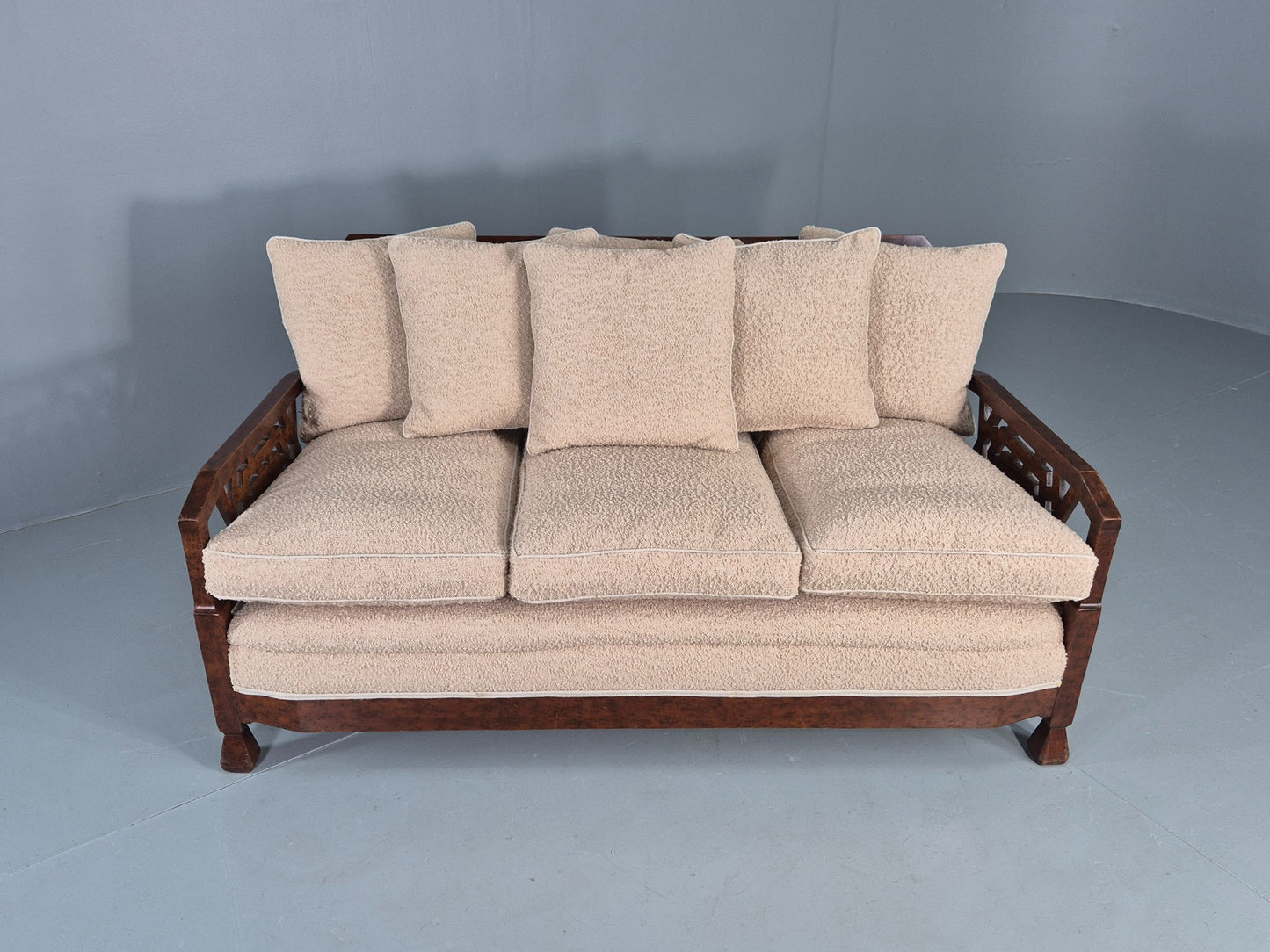 Vintage Art Deco 3 Seat Sofa Dappled Walnut White Boucle Bergere EB12557