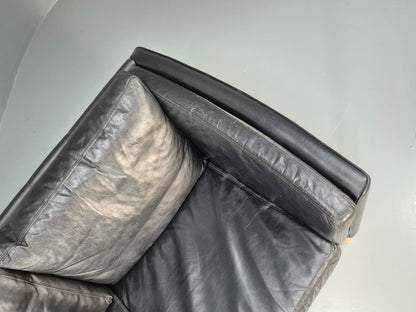 Vintage 3 Seater Sofa Black Leather and Vinyl 1980s Retro EB08616