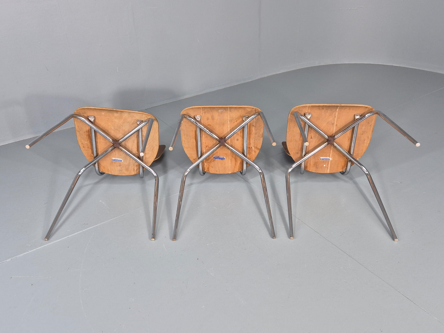 3 Vintage Danish Stacking Industrial Chairs Teak and Steel Retro 1960s EB12404