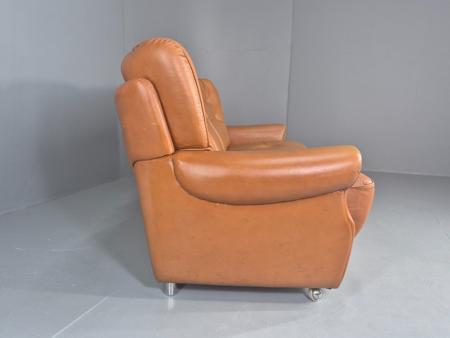 Vintage 3 Seater Sofa Tan Leather 1970s Danish Design Retro MCM EB12383