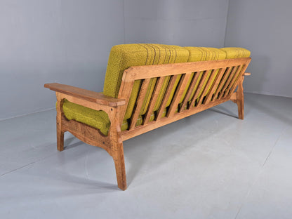 Vintage Danish 3 seater Sofa Oak Kjaenulf Green Cushions 1970s Retro EB12781