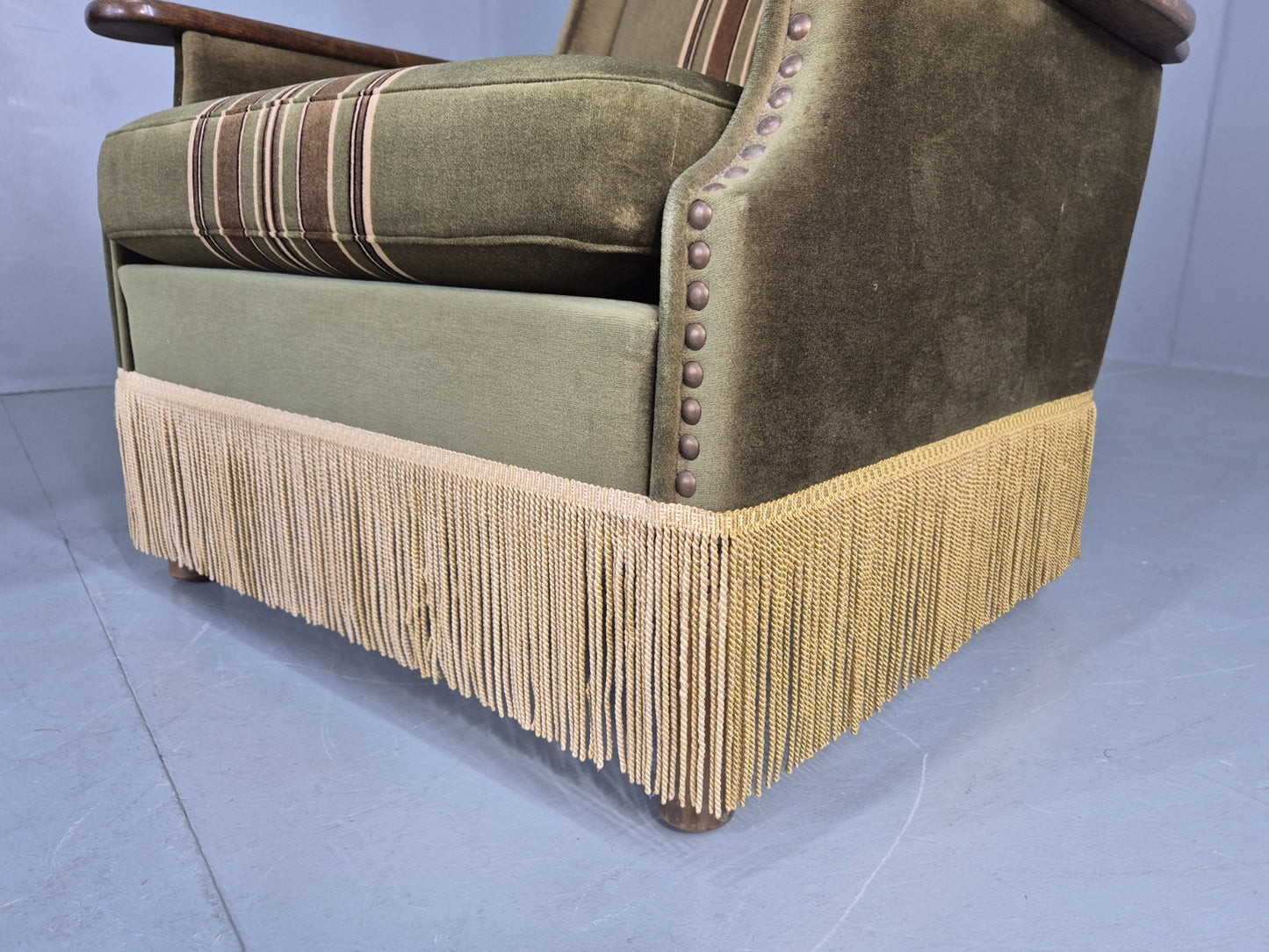 2 Vintage Danish 1970s Lounge Chairs Oak Kjaernulf Arms Green Stripe EB12686