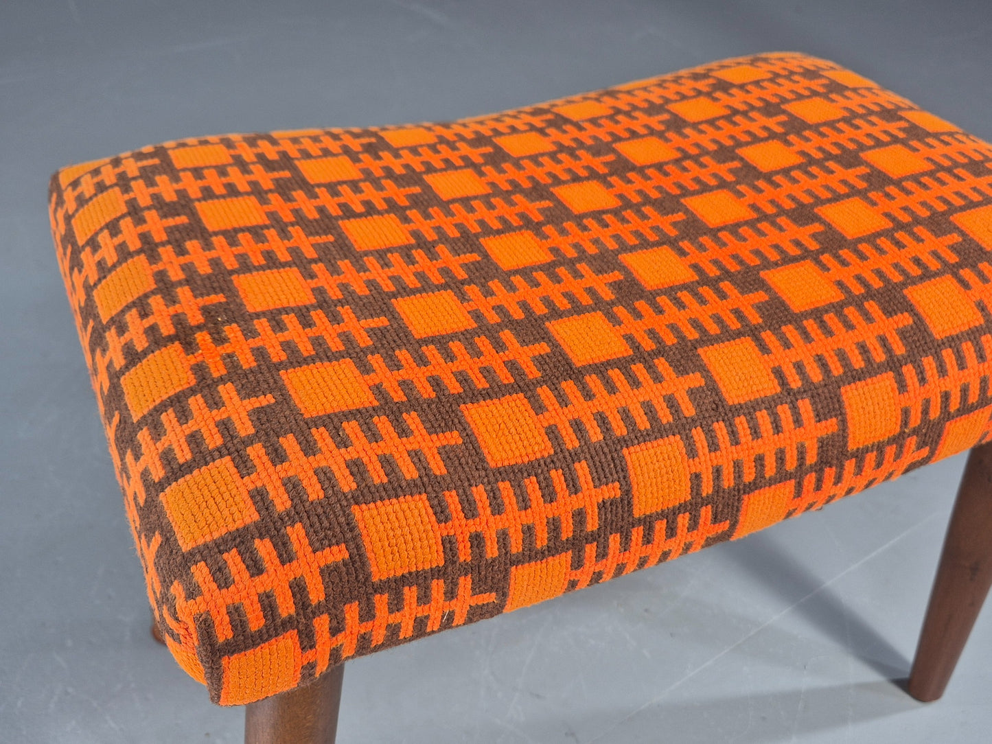 Vintage Mid Century Footstool Danish Orange and Brown Beech Legs 1960s EB12094