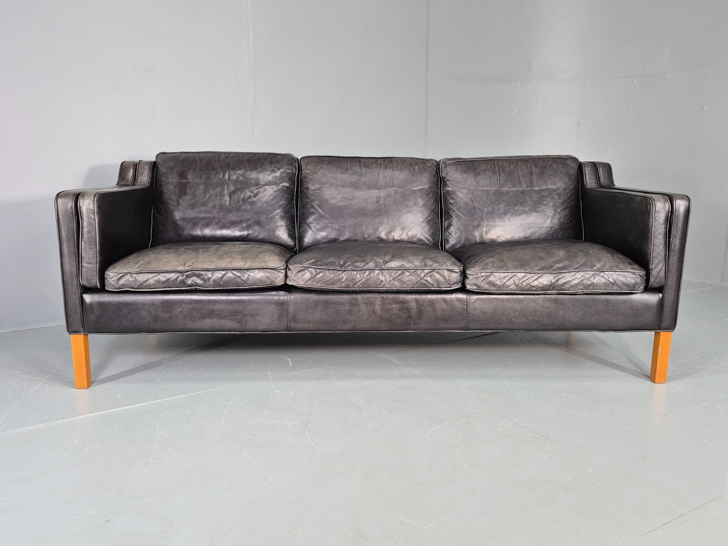 Vintage Stouby 3 Seat Sofa Black Leather 1980s Retro MCM Mogensen Style EB12427