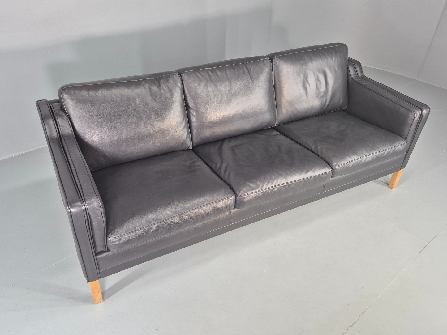 Vintage Danish 3 Seat Sofa Black Leather Mogensen Style 1980s Retro MCM EB12445