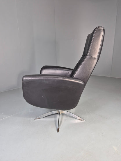 Vintage Hjort Knudsen Black Leather and Chrome Swivel Lounge Chair Retro EB13083