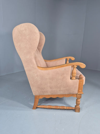 Vintage Wing Back Lounge Chair 1970s Danish Faux Suede on Oak Frame EB12774