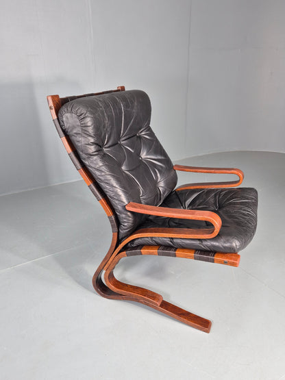 Vintage Mid Century Lounge Chair Black leather Skyline Model 1970s Retro EB12126