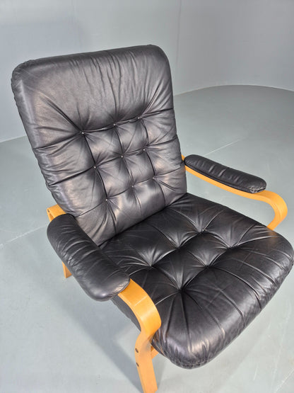 Vintage Danish Leather and Vinyl Lounge Chair Bent Wood Frame 80s Retro EB13076