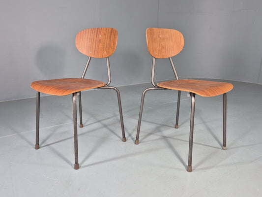2 Vintage Danish Industrial Chairs Mid Century Teak and Steel Retro EB12654