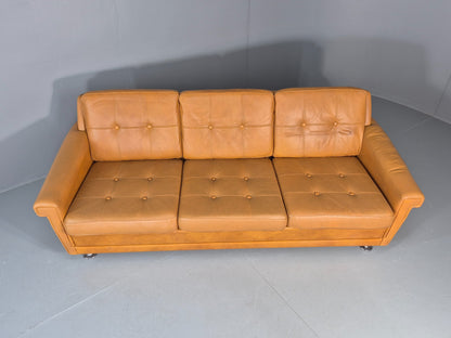 Vintage 3 Seater Mid Century Sofa Tan Leather 1970s Retro Chrome Feet  EB11773